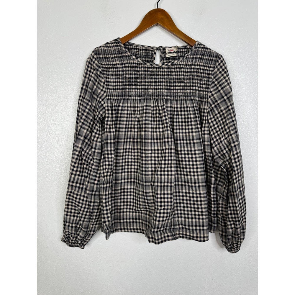 Faherty Organic Cotton Smocked‎ Gingham Blouse Navy Tan WTH2009-MCP Womens Small